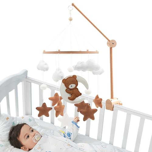 Mobile Baby Windspiele, Baby mobile schlummernder Bär, Baby Mobiles mit Holzring und süßen Tierchen, Holz Mobile Baby Windspiel, Bär Mobile Bettglocke, Geschenk für Baby Mädchen oder Jungen