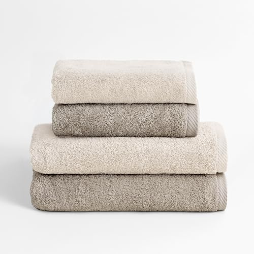 BOHEME | Juego de 4 Toallas de Ducha Bicolor Serenity | Natural y Nut | 2 (50x100) + 2 (70x140) | 100% Algodón Peinado |600 g/m²|Suaves, Absorbentes y de Secado Rápido|Lavables a Máquina|Uso Diario