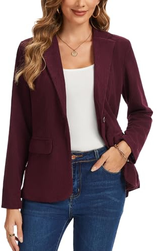 Kyzoeyou Damen Cordblazer, lässig, langärmelig, Revers, Anzüge mit Pattentaschen, Oberbekleidung, vorne gefüttert, Knopfblazer, R-Weinrot, S