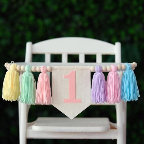 Birthday Boy Half Birthday Decorations High Chair Banner, 6 Month Tassel Wood Bead Highchair Garland Blue (Yellow)
