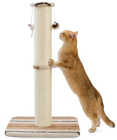 Joydeco Cat Scratching Post 38 Inches Heavy Duty and Thick Scratching Post Sisal Rope with Hanging Ball and Mice for Indoor Cats(Coffee)