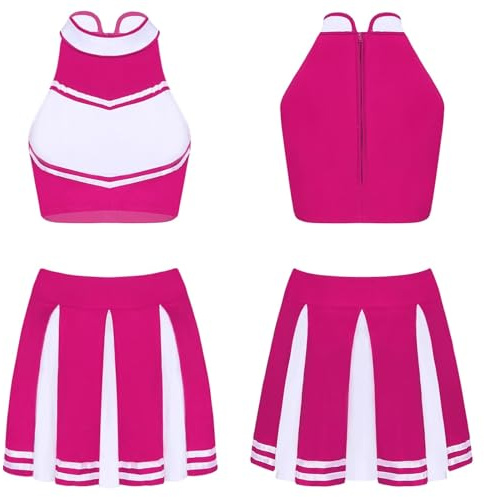 EURDFHY Cheerleader outfit 2Pcs Women Adults Cheerleading Uniform Dance Costume School Girls Cosplay Outfit Stand Collar Crop Top With Mini Pleated Skirt(Pink,S)