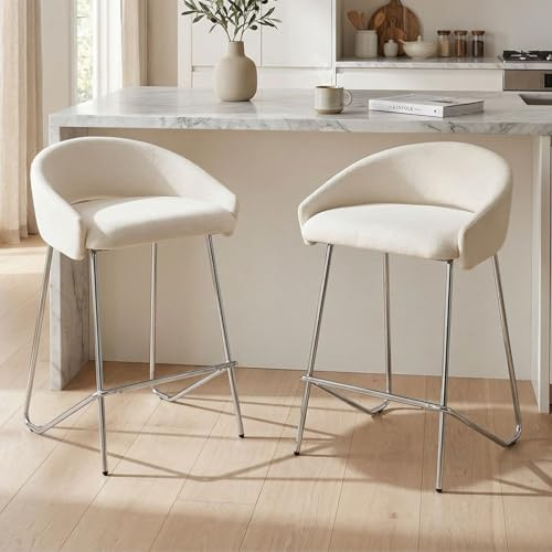 chairus Set di 2 Sgabelli da Bar Moderna Design Sgabello Cucina in Tessuto Sgabelli con Struttura in Metallo Color Argento Sedia Alta per Penisola Cucina/Bar/Caffetteria, Bianco