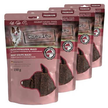 Chewies Tiras de Carne para Perros de 100% Carne de Caballo – 4 x 150 g – Tiras para Masticar del Caballo para Perros – sin azúcar y sin Cereales – Caballos Deshidratado