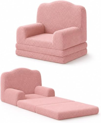 AffinityFurn Kids Couch Sofa Bed, 2-in-1 Folding Toddler Chair Bed, Convertible Soft Sherpa Toddler Couch, Foldable Kids Armchair Sofa, Birthday Gift for Girls Boys, Crown Design, Pink