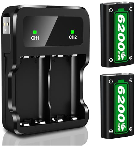 Ponkor Rechargeable Battery Packs for Series X|S/Xbox One, 2 x 6200 mWh Batteries with Charger for Xbox One S/X/Elite Controller Battery Pack Xbox Series X S Skin