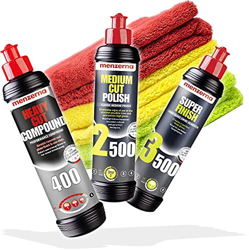 Menzerna Auto Politur Set - 250ml Heavy Cut Compound 400 + Medium Cut 2500 + Super Finish SF3500 + 3x Mikrofaser Poliertuch zum Polieren, 40x40cm