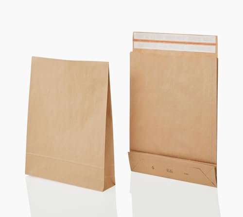 e-Green Faltentasche 500x400x100 mm (100 Stück), haftklebende Faltentaschen mit Klotzboden und Seitenfalte, wiederverwendbare Versandtaschen aus 100% FSC zertifiziertem Kraftpapier, 120g/m²