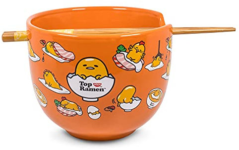 Sanrio Gudetama Japanese Top Ramen Dinnerware Set | 20-Ounce Ramen Bowl, Chopsticks
