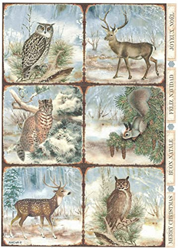 Zita`s Creative Rispapper A4 – Winter Forest Framed Animals. Motiv stråsiden, halmsilkespapper, decoupage papper