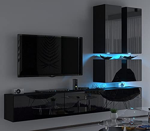 Furnitech Wohnwand Wohnzimmer | Wohnzimmer Möbel mit LED RGB - 16 Farben | Hängend Wohnwand Modern | Wohnzimmer Schrankwand mit Regale und TV Schrank (Future C77-HG-B1 1A Schwarz)