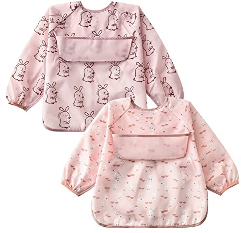 Happy Cherry-Wasserdichte Langarm Baby Lätzchen 2 Stücke Ärmellätzchen Kleinkind Ärmel Lätzchen Set Abwaschbar Cartoon für Essen Malerei Bemalen Spielen Füttern Kinderschürze mit Tasche für 0-5 Jahre