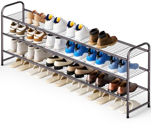 KEETDY 3 Tier Long Shoe Rack for Closet, Large Shoe Rack Stackable Metal Shoe Rack for 24 Pairs Mens Sneakers with Metal Grid for Closet, Bedroom, Entrance, Bronze