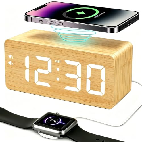 URAYCO Wood Digital Alarm Clock with 10W Fast Wireless Charger, USB Charging Ports, DST, Dimmable, Snooze, Large Number LED Display for Bedrooms, Desk, Living Room Table, Bedside, Nightstand (Bamboo)
