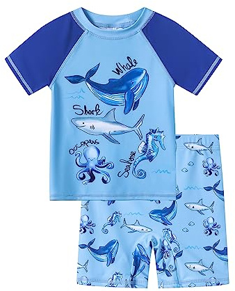 Ewbob Boy Swimsuit Sun Protection Short Sleeve Bathing Suit Kids Dolphin All in One Piece Swimwear Ages 18 Months to 6 Years Swim Costume for Swimming Lessons, Beach and Pool,C1-008,2-3Y