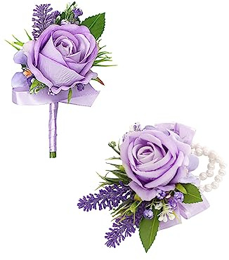 Floinla Purple Corsage and Boutonniere Set for Wedding Prom, Artificial Flower Wrist Corsage Bracelets, Homecoming Corsage Wristlet, Boutonniere for Men Wedding Suit Decorations
