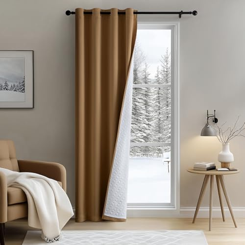 MIULEE Rideau Occultant Thermiques Anti Froid Hiver avec Doublure Epais, Double Rideau de Porte d'entrée Isolant Thermique à Oeillets Lot de 1, Rideaux Anti Froid Chambre Salon, Marron, 132x245 CM