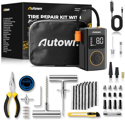 AUTOWN Reifenreparatur-Set mit Elektrische Luftpumpe, 150PSI Mini Tragbare Akku Fahrradpumpe 54-teilig，Akku Kompressor für Auto, Fahrrad, E-Bike, Motorrad, ATV, Jeep, Traktor, Ballpumpe