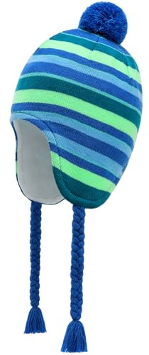 JANGANNSA Vinter Peruvian hatt öronlappar fleece fodrad pompon stickad mössa för 3–5T baby flickor, Blågröna ränder, 3-5 år