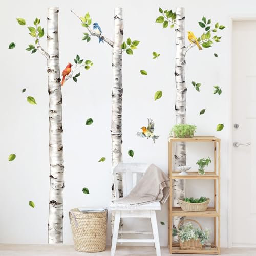 Supzone Wandtattoo Birkenbäume Wandaufkleber 3 Espenbäume Vögel Selbstklebende Wandsticker Birkenstamm für Kinderzimmer Wohnzimmer Schlafzimmer Sofa TV Hintergrund Wanddeko (H:174cm)
