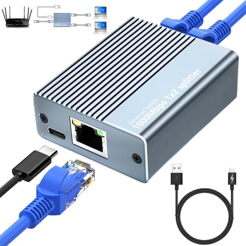 Ethernet Splitter 1 to 2, 1000Mbps RJ45 LAN Splitter Internet Splitter [2 Devices Simultaneously Networking] with USB-C Power Cord, for Cat5/5e/6/7/8 Cables for PC/Laptop, PS5, Xbox, Modems, Routers