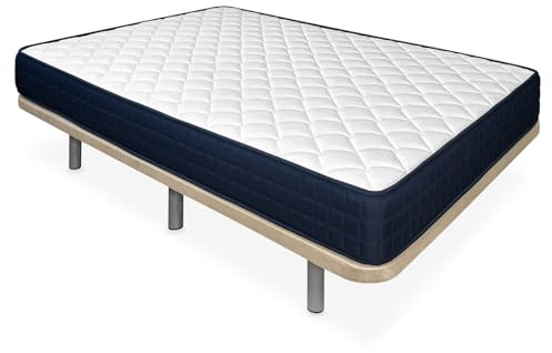 amuéblate Online - Cama Completa con Colchón Naran Reversible + Base Tapizada Extra Reforzada con 6 Patas Cilíndricas Metálicas Roscadas, 90 x 190, Beige
