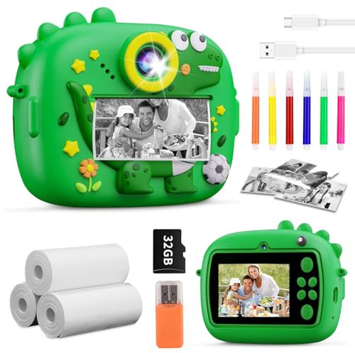 Appareil Photo Instantané Enfants, 2.4 Écran Appareil Photo Enfant Dinosaure, 48MP/1080P Appareil Photo Numérique Enfant avec Papier d'impression et Carte 32GB, pour Garçons Filles 3-12 Ans