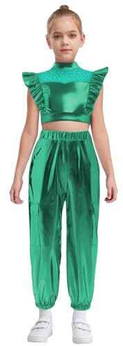 Miaeowve Tuta sportiva per bambini, metallizzata, senza maniche, da jogging, con volant, con pantaloni a vita alta, leggings da ginnastica, verde, 170