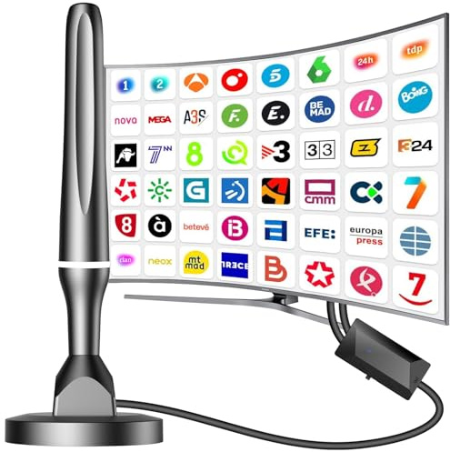 Antena TV Interior/Exterior 2025, Antena TV Portatil con Base Magnética Fuerte, Alcance de 260 Km, Compatible con 4K 1080P, Cable Coaxial de 3M, para Freeview y Canales Locales - All TVs