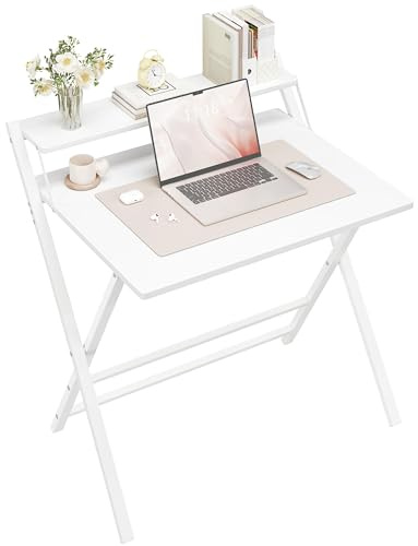 Yaheetech Bureau d'Ordinateur, Bureau Pliable 80cm en L, Table d'écriture avec Petit Étagère Surélevée et Pieds en Forme X, pour Chambre Salon d'étude Petits Espaces, Blanc, 80×50×74,5cm