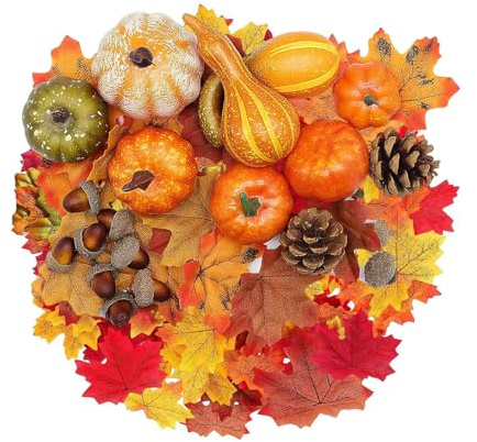 Extraible 120Pcs Artificial Pumpkins Autumn Decorations Set - Artificial Fall Maple Leaves, Mini Pumpkins, Pine Cones, Gourds, Small Acorns for Autumn Harvest Thanksgiving Halloween Table Decorations