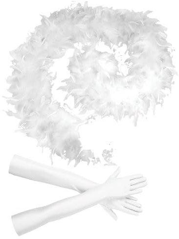 XPEX 1 PCS Bufanda de plumas blancas con 1 par de guantes de spandex blancos de 53 CM, adecuada para disfraces de Halloween, fiestas, mujeres y niñas.
