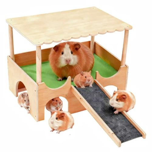 Casa de castillo de dos pisos con techo, escalera y cojín acogedor, adecuado para cobayas, hámsters, conejos y chinchillas (verde)