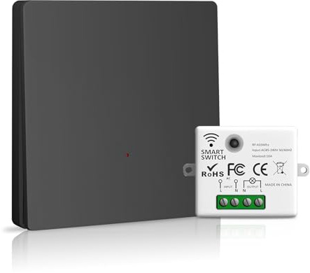 Juego de interruptores de luz inalámbricos con interruptor de pared, interruptor inalámbrico y receptor inalámbrico 2200 W/10 A, interruptor inteligente 2,4 G, 230 V, negro 1 + 1