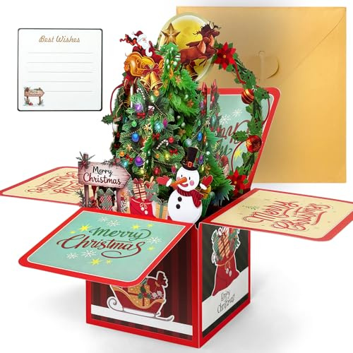 Hierein Christmas Cards, 3D Gifts Box Pop Up Xmas Cards 2025 With Santa Tree Merry Christmas Design, Xmas Gifts with Envelope for Her, Pop Up Cards for Mum, Sister, Daughter, Special Friend