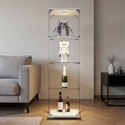 TIMORWTF Glasmonter med LED-lampor, modern pansarskåp med 4 hyllor och dörr, väggskåp för samling, sovrum, vardagsrum och matsal, vit