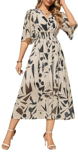 PASUDA Women Dresses Summer Floral Maxi Dress Short Sleeve Boho Ladies Dress Casual Bohemian Flowy Swing Plus Size V Neck for Daily Beach Holiday Wedding