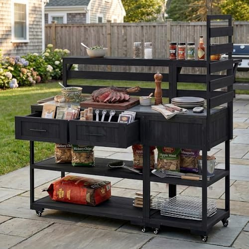 LUMISOL Outdoor Kitchen Island with Stainless Steel Top, Solid Wood Grill Table with Drawers for BBQ Party, Outdoor Garden Potting Bench with Raised Shelf, Black
