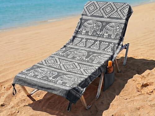 o-day Strandhandduk med hörn och fickor 70 x 180 cm – strandhandduk 100 % Fouta-bomull för solstol och strand (tribal - stengrå)