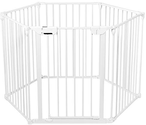 DREAMADE Kaminschutzgitter Laufstallgitter mit Tür Faltbar, Welpenlaufstall Absperrgitter Schwarz, TreppengitterTürschutzgitter, Schutzgitter Hundeabsperrgitte aus Eisen (Weiß)