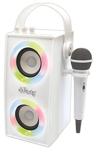 Lexibook iParty - Tragbarer Bluetooth-Lichtlautsprecher mit Mikrofon, Stereoanlage, Lichteffekten, Karaoke, Kabelloser, USB, SD-Karte, Akku, weiß, BTP180Z