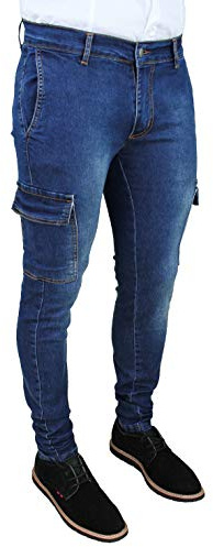 Evoga Jeans Uomo Cargo Blu Denim Pantaloni Tasche Slim Fit Skinny con tasconi Laterali (52, #A3 Blu Scuro)