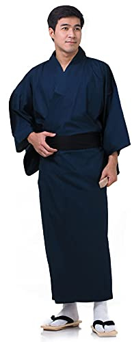 PRINCESS OF ASIA Exklusiver & hochwertiger japanischer Herren Samurai Yukata Kimono aus einfarbiger Baumwolle M L XL (Einheitsgröße, Blau)
