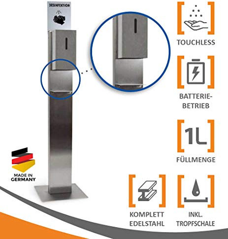 MyMaxxi | Hand Desinfektionsmittelspender Station Sensor Steel Edelstahl Spender Set 1x 1L Desinfektionsmittel stehend automatisch | Desinfektionsspender