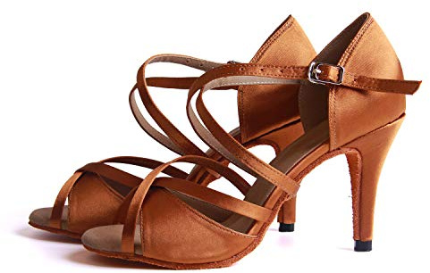 Syrads Scarpe da Ballo Latino da Sala da Donna Salsa Tango Bachata Scarpe da Ballo Indoor per Feste di Matrimonio,Marrone,8.5cm Heel,38 EU