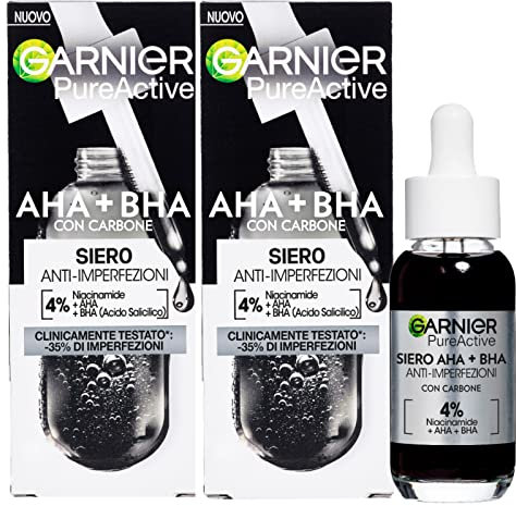 Garnier PureActive Sérum Facial Anti-Imperfecciones con Carbón Niacinamida AHA BHA Tratamiento Espinillas Puntos Negros Rojeces Fórmula Ligera Matificante Unificadora Sin Residuos - 2 Frascos de 30ml