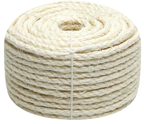 Corde en sisal blanc de 0,6 cm x 19,5 m pour arbre à chat, tour d'arbre, réparation et remplacement, ficelle de chanvre pour chatons, étagères, meubles, fenêtre, lit, perchoir, jouets, 6 mm x 20 m