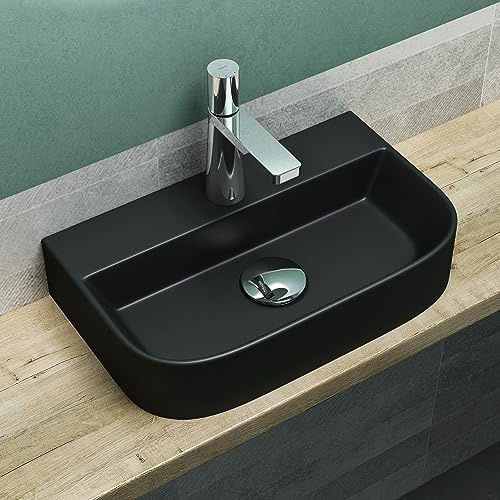 Mai & Mai Waschbecken klein Aufsatzwaschbecken Hängewaschbecken BTH: 38x23,5x8cm Waschschale aus Keramik Schwarz matt Brüssel003