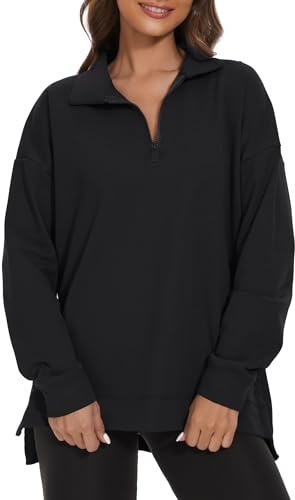 APEIYU Women's Long Sleeve Tops Loose Sweatshirts Ladies Pullover Stand Collar Baggy Blouses Casual Half Zip Sweatshirts Black XL