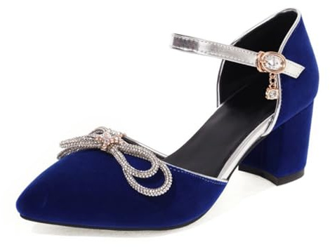CRETUAO Décolleté da Donna con Tacco Grosso Glitterato,lussuose Paillettes con Fiocco e Fibbia a Punta Mary Jane Scarpe da Sposa da Sposa,Scarpe da Ballo per Feste alla Moda Dorate,2 Blue,38.5 EU